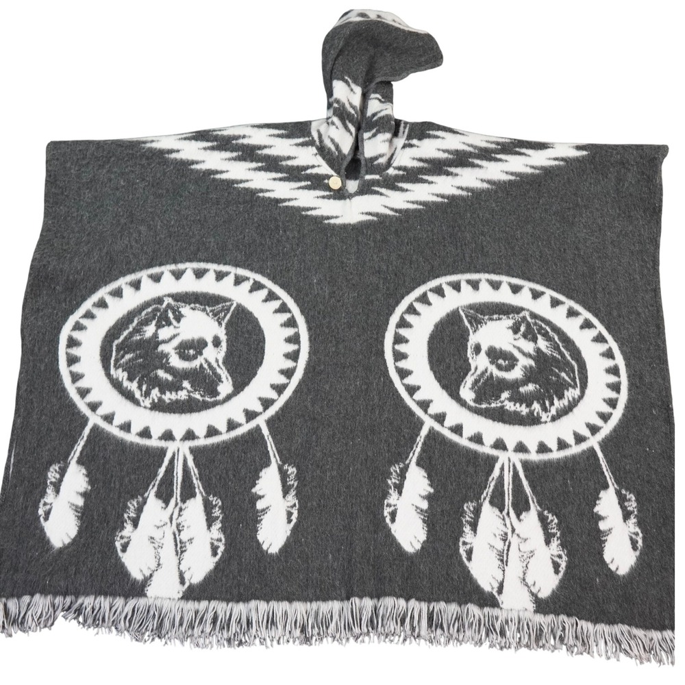 Tejidos Diaz Hooded Poncho Gray White Wolf Dreamcatcher Aztec Blanket Cape‎ Wool